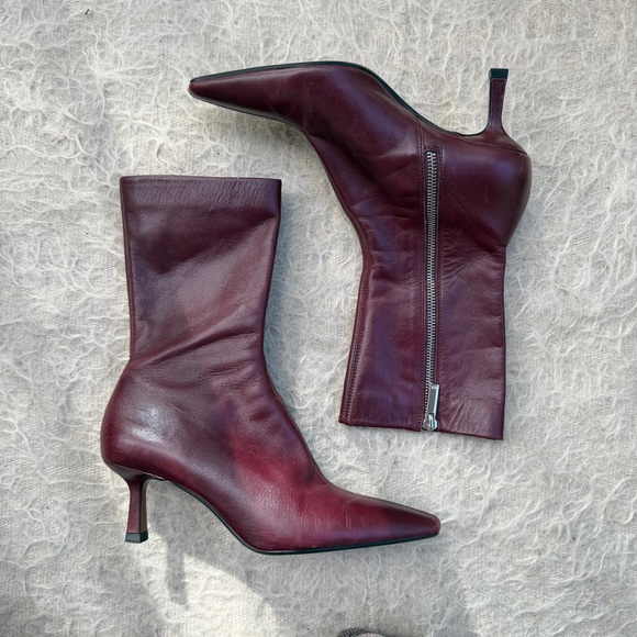 Zara Shoes - Zara Burgundy Leather Kitten Heel Zip Boots – Size 37